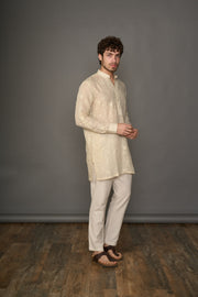 Ivory Sand Linen Kurta With Self Design